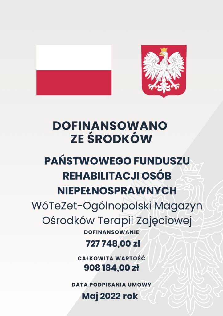 Plakat informujący o finansowaniu projektu. U góry flaga i godło Polski, poniżej tytuł projektu WóTeZet oraz informacja o dofinansowaniu w kwocie 727748 złotych i całkowitej wartości projektu w kwocie 908184 złotych. Data podpisania umowy maj 2022